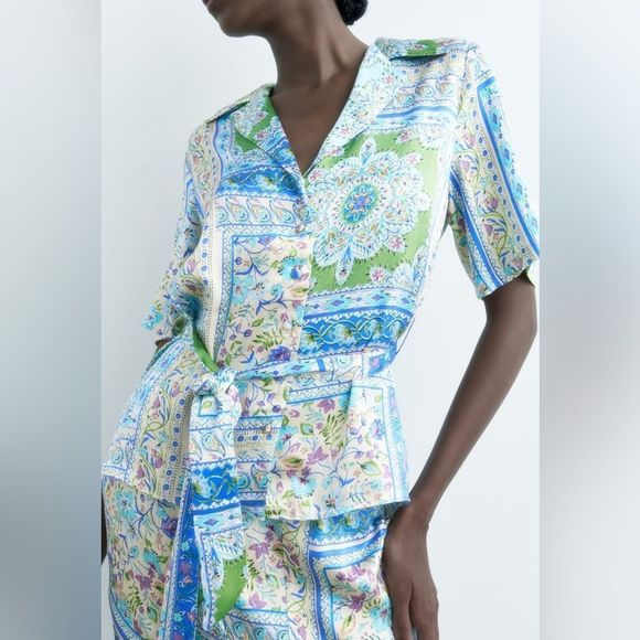 ZARA BOHO PAISLEY BELTED PRINT BLOUSE - Picture 2 of 9